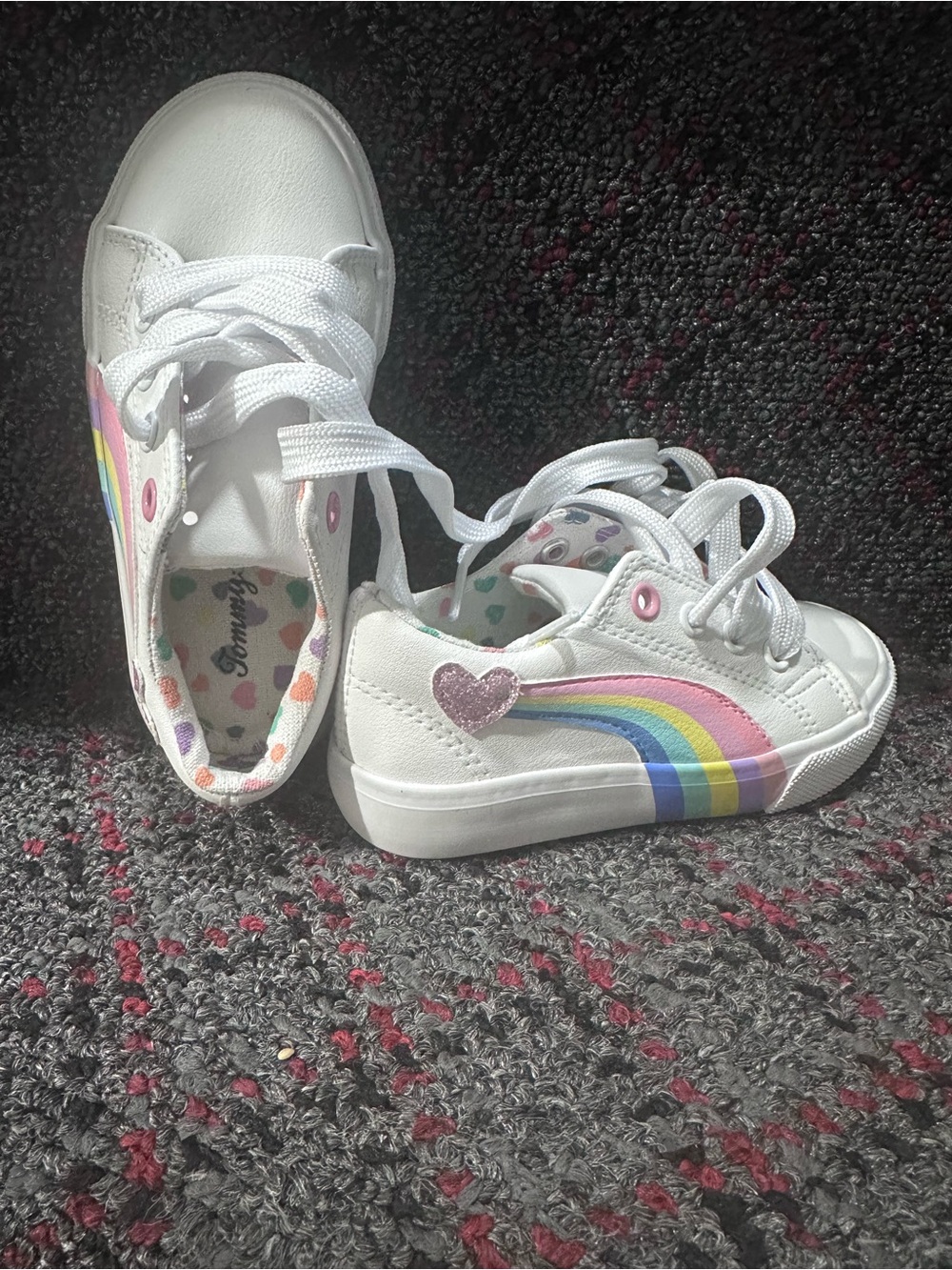 Tommy Bahama White Kids Sneakers with Rainbow Stripe & Pink Glitter Heart